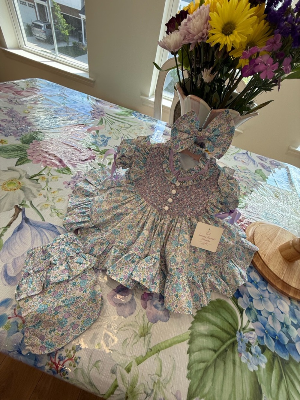 Girls Floral Smocked Dress with Matching Bonnet and Bow - Pastel Blue & Lavender